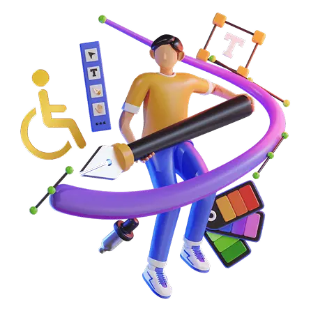 Illustration 3D représentant un designer numérique stylisé en action, entouré d’éléments visuels symbolisant la création graphique, la typographie, les palettes de couleurs, et l’accessibilité (symbole fauteuil roulant). L’image évoque la conception inclusive, l’UX/UI design accessible, et l&#39;intégration de l’accessibilité dans le processus de design numérique.