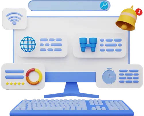 Illustration 3D d’un poste de travail informatique moderne avec écran, clavier, et interface utilisateur stylisée. L’image inclut des éléments visuels tels qu’une cloche de notification, une icône Wi-Fi, des graphiques, une horloge, des jumelles (veille), et une icône de navigation web. Cette scène symbolise la productivité digitale, la gestion de contenus, la veille numérique ou l’analyse de données.