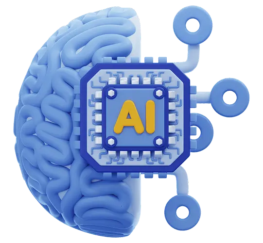 Illustration 3D représentant la fusion entre un cerveau humain stylisé en bleu et une puce électronique marquée &#34;AI&#34;, reliée à des circuits symbolisant les connexions neuronales ou numériques. Ce visuel incarne l’intelligence artificielle, l’apprentissage automatique, la neurotechnologie et l’intégration homme-machine.