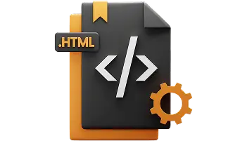 Illustration 3D d’un fichier HTML représenté par une icône de document noir et orange avec une balise de code &lt;/&gt; au centre, un onglet marqué &#34;.HTML&#34; et une roue dentée orange. Cette image symbolise la programmation web, le développement de sites en HTML/CSS, l&#39;intégration front-end et la personnalisation de pages web.