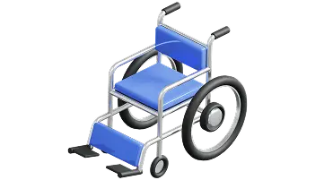Illustration 3D d’un fauteuil roulant manuel vide, avec armature métallique et assise bleue. Ce visuel est couramment utilisé pour symboliser l’accessibilité physique, la mobilité réduite, les équipements pour personnes handicapées et les services d’aide à la mobilité. Il peut illustrer des contenus liés au handicap, à l&#39;inclusion ou à l’ergonomie des espaces publics.