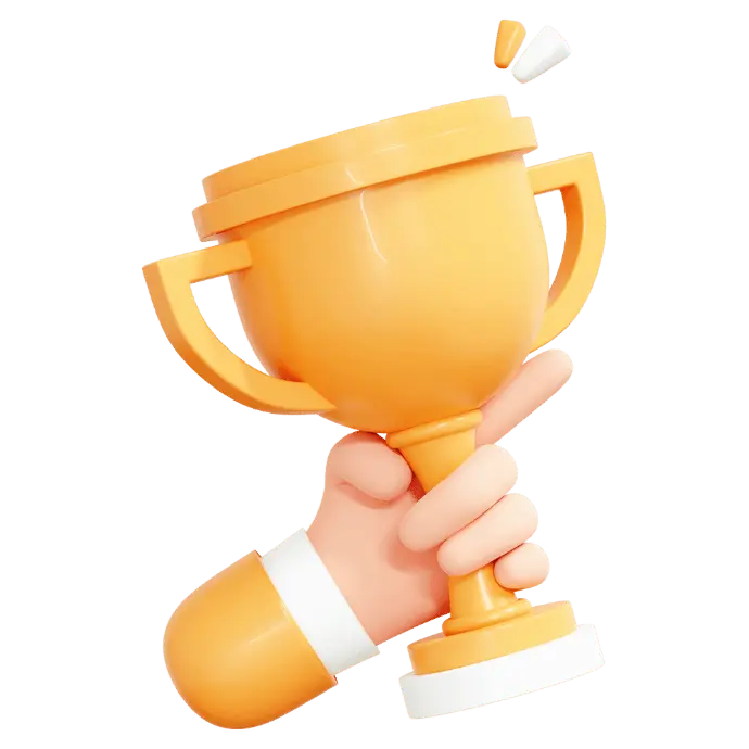 Illustration 3D d’un trophée doré tenu par une main stylisée en style cartoon. L’image symbolise la réussite, la victoire, l’excellence ou la récompense dans un contexte professionnel, éducatif ou événementiel. Visuel dynamique et positif, idéal pour des pages de témoignages, de résultats ou de concours.
