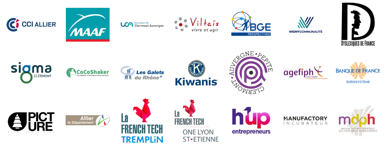 Mosaïque de logos d’organisations partenaires, incluant la CCI Allier, MAAF, Viltaïs, BGE Perspectives, Vichy Communauté, la French Tech Tremplin, l’Agefiph, la MDPH, Manufactory Incubateur, h’up entrepreneurs, le Département de l’Allier, Kiwanis, les Galets du Rhône, la Mission Locale, et d&#39;autres acteurs de l&#39;accompagnement entrepreneurial, de l&#39;inclusion et de l’innovation sociale. Illustration utilisée pour valoriser les soutiens institutionnels, les réseaux d’accompagnement et les initiatives d’inclusion ou de développement économique.