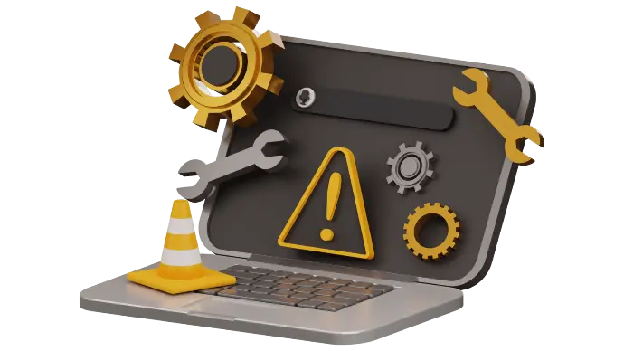 Illustration 3D d’un ordinateur portable affichant des icônes de maintenance : cône de signalisation, engrenages, clés, et panneau d’avertissement avec point d’exclamation. L’image évoque une situation de bug, une mise à jour en cours, une maintenance technique ou un dysfonctionnement logiciel. Elle est idéale pour illustrer une page d’erreur, une alerte système ou un message de service temporairement indisponible.