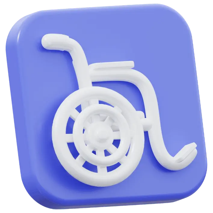 Icône 3D carrée bleue représentant un fauteuil roulant blanc, stylisé de façon moderne. Ce pictogramme symbolise l’accessibilité, la mobilité réduite, ou les aménagements pour personnes en situation de handicap. Idéal pour illustrer des rubriques liées à l’inclusion, à l’accessibilité numérique ou physique, ou encore aux services de santé et de mobilité inclusive.