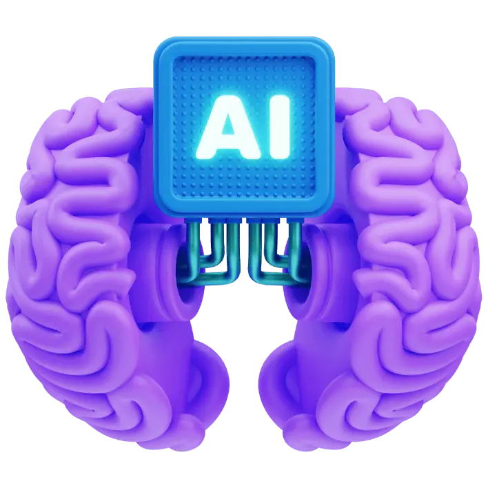 Illustration 3D représentant deux hémisphères cérébraux violets connectés à une puce centrale marquée AI (Intelligence Artificielle). Les connexions symbolisent l’interface entre cerveau humain et machine, mettant en valeur l’idée de neurotechnologie, IA cognitive ou intelligence augmentée. Ce visuel est adapté à des contenus sur la recherche en IA, le machine learning, la médecine assistée par IA ou l’innovation cognitive.
