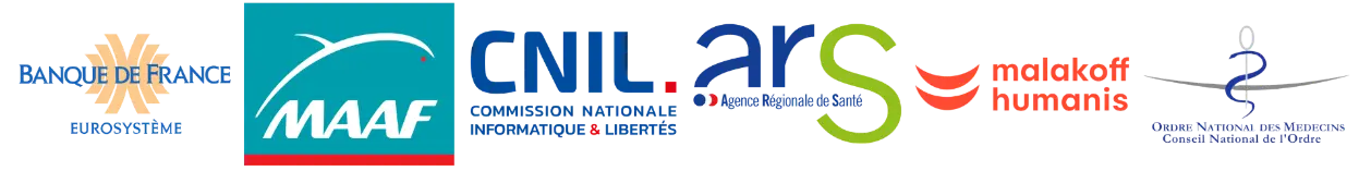 Bannière regroupant les logos de plusieurs institutions françaises et organismes de référence dans les domaines de la santé, de la protection sociale, de la régulation et de la finance : Banque de France, MAAF, CNIL, ARS (Agence Régionale de Santé), Malakoff Humanis, Conseil National de l&#39;Ordre des Médecins. Cette composition évoque un projet ou une solution en lien avec la conformité, la protection des données, ou l’interopérabilité des systèmes de santé.