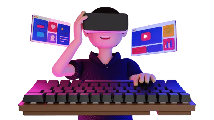 Illustration 3D d’un utilisateur équipé d’un casque de réalité virtuelle (VR), interagissant avec un clavier physique et des interfaces numériques flottantes affichant des contenus sociaux, vidéos et statistiques. L’image évoque les environnements immersifs, le métavers, les interfaces homme-machine, et l’interaction numérique avancée dans les domaines de la création, du gaming ou de l’apprentissage.