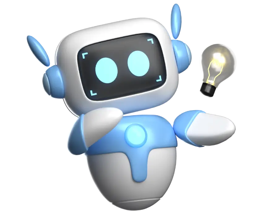 Illustration 3D d’un robot mignon de type assistant virtuel, avec un écran noir affichant deux yeux lumineux, des couleurs bleu et blanc, tenant une ampoule allumée symbole d’idée ou d’innovation. Cette mascotte technologique est souvent utilisée pour représenter l’intelligence artificielle, les assistants numériques, les chatbots ou la créativité dans le numérique.