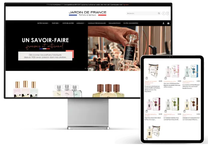 Mockup du site web Jardin de France, maison française de parfums fondée en 1920, affiché sur écran d’ordinateur et tablette. L’interface met en avant un savoir-faire artisanal et la fabrication française de parfums et eaux de toilette. Le site propose un catalogue de produits, des coffrets cadeaux, un espace boutique et des informations sur les visites des ateliers.
