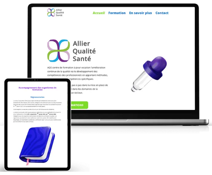 Mockup du site web responsive Allier Qualité Santé (AQS), affiché sur ordinateur portable et tablette. Ce centre de formation propose des accompagnements pour les professionnels du secteur médico-social, avec une approche centrée sur l’amélioration continue de la qualité. Le site met en avant les rubriques : Accueil, Formation, En savoir plus, Contact, et présente des visuels modernes et des couleurs vives (violet, vert, bleu).
