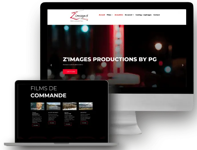 Mockup d’un site web responsive pour Z’Images Productions by PG, affiché sur un écran d’ordinateur et un ordinateur portable. Le site met en avant la production de films documentaires, reportages et films de commande. L’interface sobre et professionnelle présente les sections : accueil, films, actualités, en savoir plus, casting-repérages et contact.